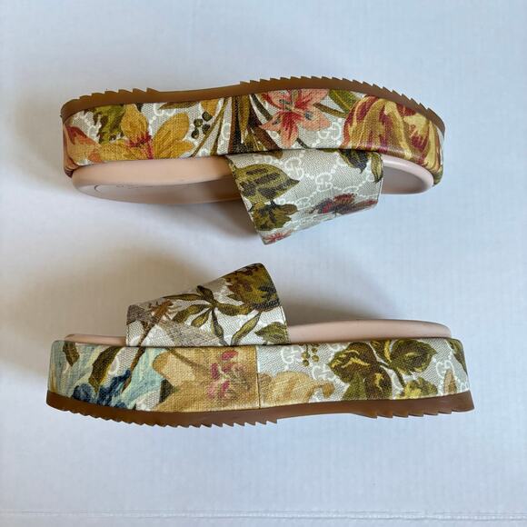 Gucci Angelina Platform Slide Sandals Beige GG Monogram Floral Canvas Size EU 38 - Picture 10 of 14